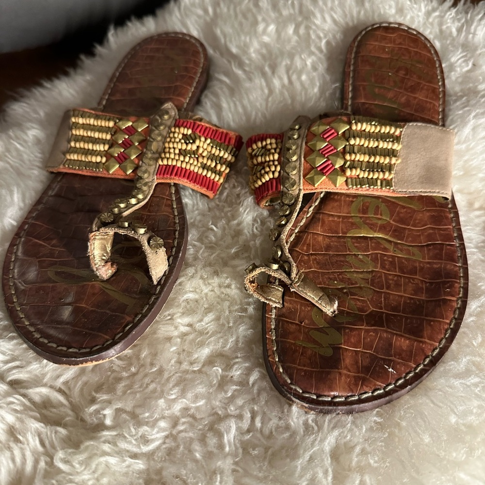 SAM EDELMAN Gideon Brown and Gold Beaded Flat Sandals